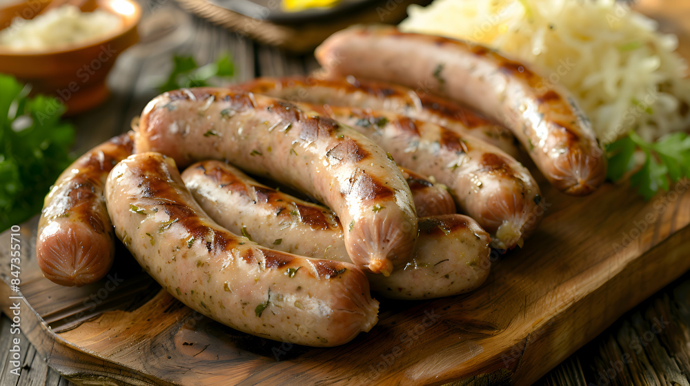 Fast food sausages served with a side of sauerkraut, presented on a rustic wooden board