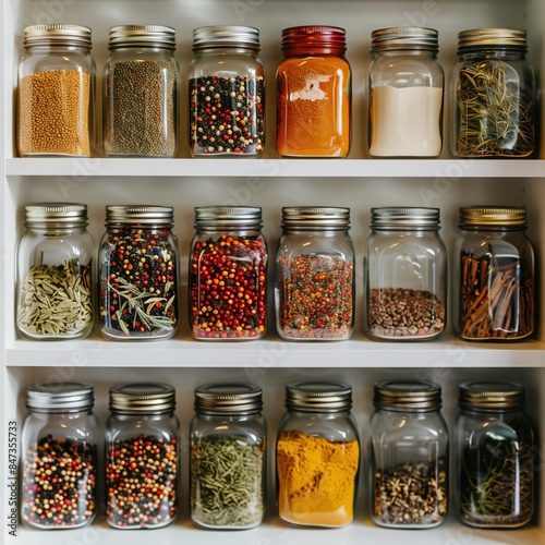 A collection of spice jars filled with colorful ingredients are organized on a white shelf in a kitchen