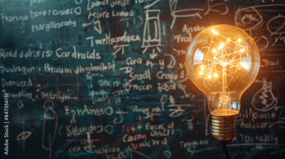 Glowing lamp as a symbol of scientific thought against the background of physical and mathematical formulas. Science and education background Glowing lamp as a symbol of scientific thought against the background of physical and mathematical formulas. Science and education background