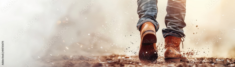 Close-up of person walking on dirt path wearing boots and jeans. Adventure, exploration, nature concept. Close-up of person walking on dirt path wearing boots and jeans. Adventure, exploration, nature concept.