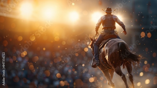 Dramatic shot of a cowboy riding a horse in an arena under bright lights, capturing the essence of rodeo excitement and action.