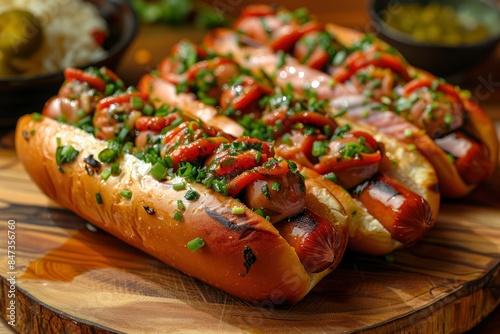 hot dog sausages on wood pad, food - generative ai