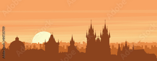 Brown panoramic poster of the city skyline with misty background buildings, sunrise, clouds and mountains of PRAGUE, CZECH REPUBLIC