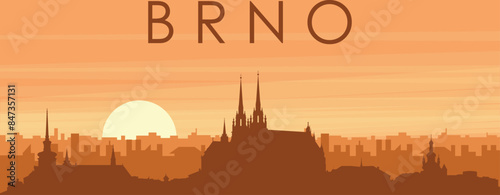 Brown panoramic poster of the city skyline with misty background buildings, sunrise, clouds and mountains of BRNO, CZECH REPUBLIC