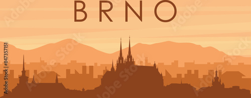 Brown panoramic poster of the city skyline with misty background buildings, sunrise, clouds and mountains of BRNO, CZECH REPUBLIC