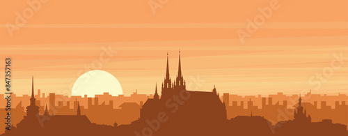 Brown panoramic poster of the city skyline with misty background buildings, sunrise, clouds and mountains of BRNO, CZECH REPUBLIC