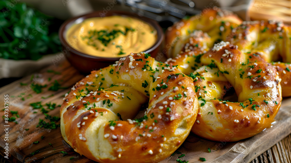 Fast food soft pretzels served with a side of cheese sauce, presented on a rustic wooden board Fast food soft pretzels served with a side of cheese sauce, presented on a rustic wooden board