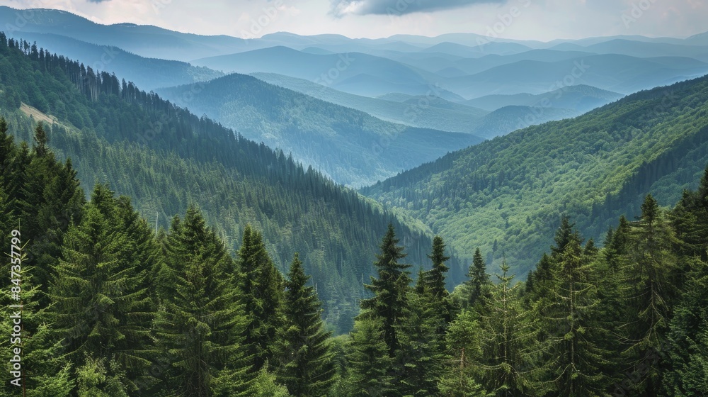 Fototapeta premium Pine trees blanket the slopes of mountains