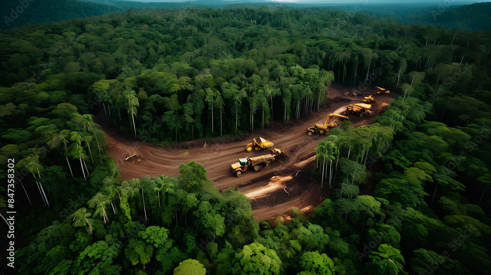 Aerial view of a large swath of rainforest being cleared, with piles of felled trees and patches of untouched forest contrasting starkly. In the background, you can see logging trucks and machinery at Aerial view of a large swath of rainforest being cleared, with piles of felled trees and patches of untouched forest contrasting starkly. In the background, you can see logging trucks and machinery at