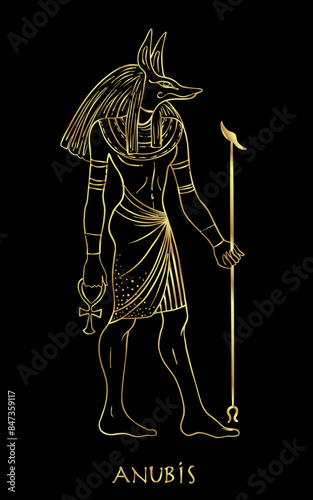 Portrait of Anubis. in Ancient Egyptian, god of death, mummification, embalming, the afterlife, cemeteries, tombs, and the Underworld. Hand-drawn vintage vector outline illustration in gold over black