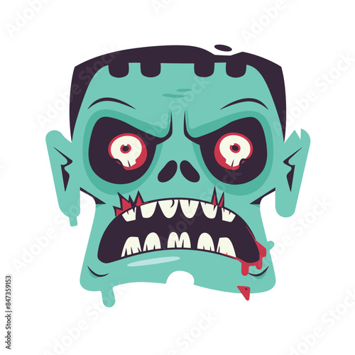 Zombie head cartoon graphic, scary undead character illustration. Green skinned zombie bulging eyes, sharp teeth drooling blood, stylized horror design. Spooky funny zombie face, Halloween concept