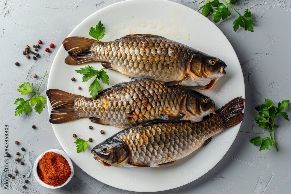 Pieces of fresh fresh carp on white plate with spices - generative ai Pieces of fresh fresh carp on white plate with spices - generative ai