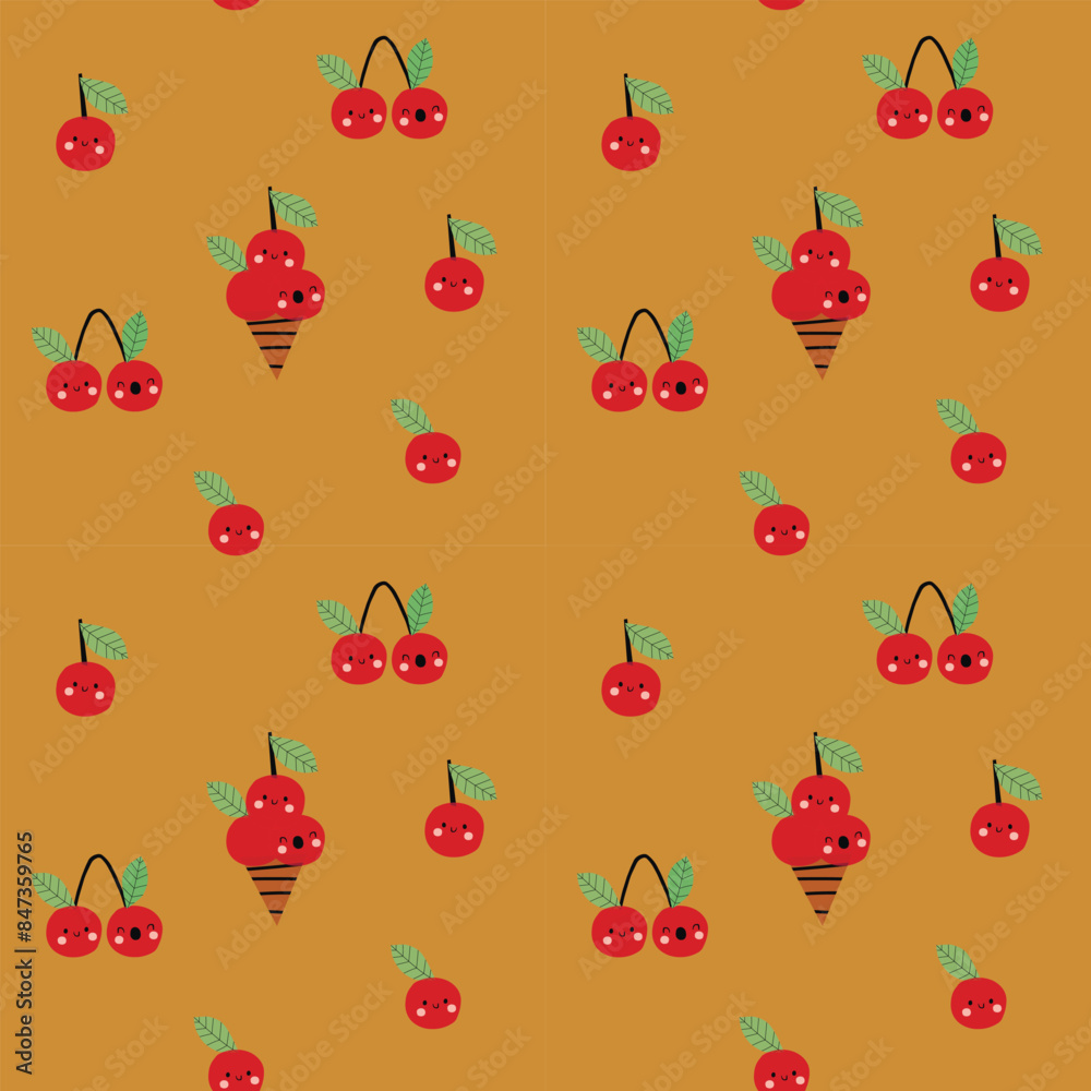 Cherry ice cream. Cute pattern with cherries and ice cream. Cute print for fabric or wallpaper. Cherry ice cream. Cute pattern with cherries and ice cream. Cute print for fabric or wallpaper.