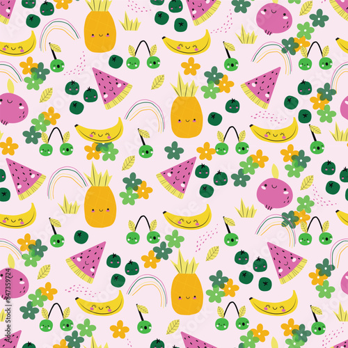 Summer fruit  pattern. Cute vector seamless background with pineapple, watermelon, lemon, orange, strawberry, banana, berries, cherry