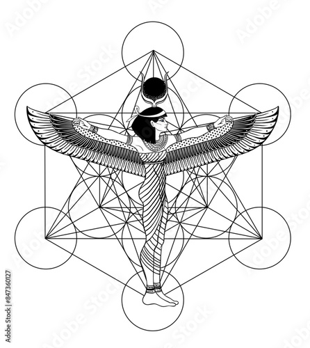 Sacred geometry with egypt symbol. Wings and all seeing eye. Alchemy, religion, spirituality, occultism. Isolated vector illustration. Conspiracy theory. Drawing tattoo art. Coloring book.