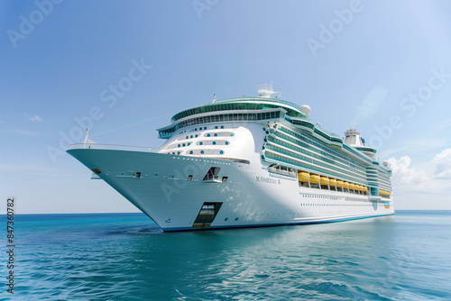Cruise sailing the ocean and sea for tropical vacation travel with open copy space available, showcasing a summer travel scene with a majestic ship © Simn