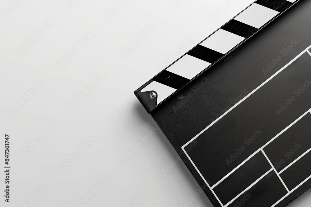 Fototapeta premium A close-up shot of a clapperboard with black and white stripes on a white background