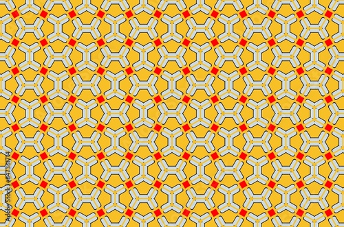 A yellow and red patterned background with a white and red square in the middle