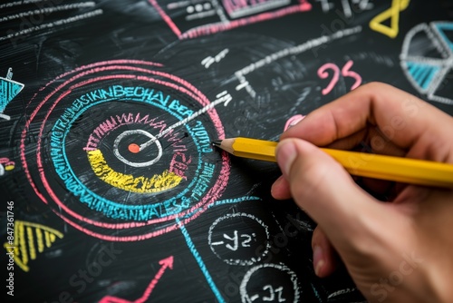 A close-up image of a hand drawing a business development strategy action plan on a black chalkboard