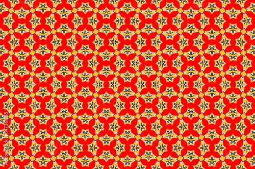 A red and yellow patterned background with a white star in the middle