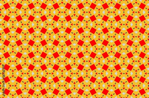 A pattern of squares and triangles in red and yellow