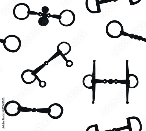 Vector set of hand drawn horse equestrian bits silhouette isolated on white background