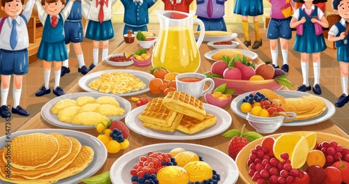 A cheerful illustration of schoolchildren standing behind a table laden with a variety of healthy breakfast foods, including fruits, waffles, pancakes, and juice. photo