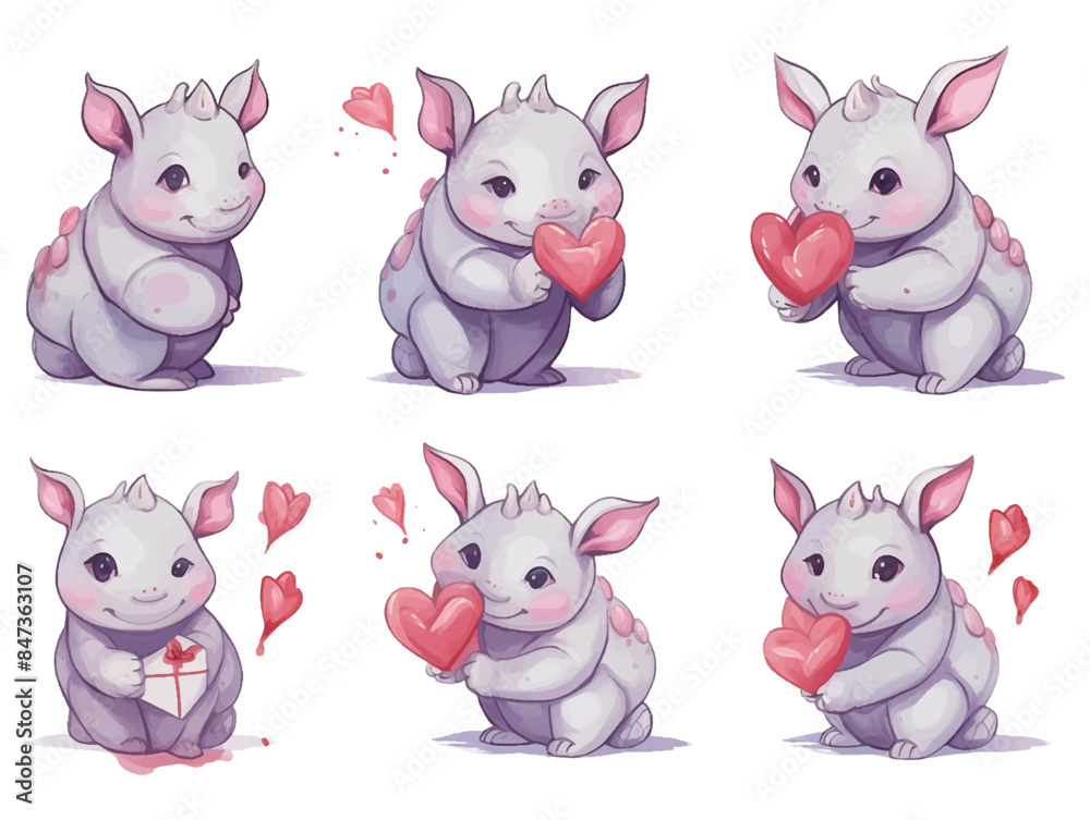 Watercolor valentines day love rhinoceros couple, hand drawn watercolor illustration for greeting card or invitation design Watercolor valentines day love rhinoceros couple, hand drawn watercolor illustration for greeting card or invitation design