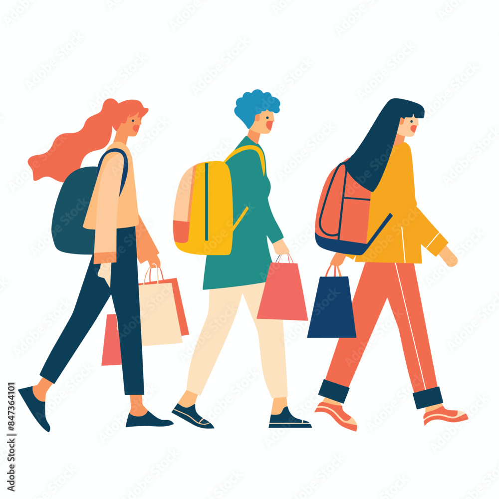 Naklejka premium Three women walking side side carrying shopping bags backpacks, trendy attire. Women enjoying shopping, colorful clothes, casual fashion style, modern female characters. Shopping friends