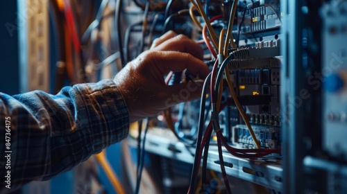 It engineer connects network cables and configures servers in a data center