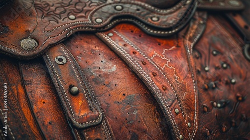 This professional photo focuses on the details of a horse saddle stirrup, capturing the polished brass hardware and stitching. The image highlights the craftsmanship