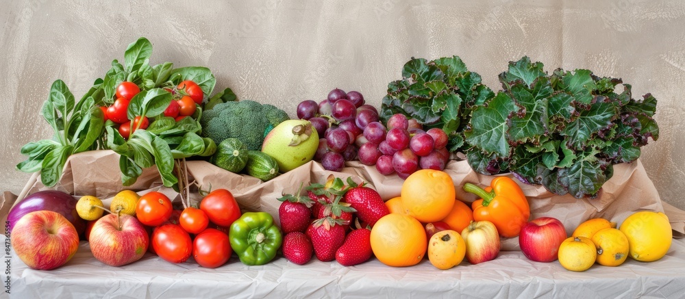 Assortment of fresh fruits and vegetables displayed on a white backdrop on a Kraft paper bag