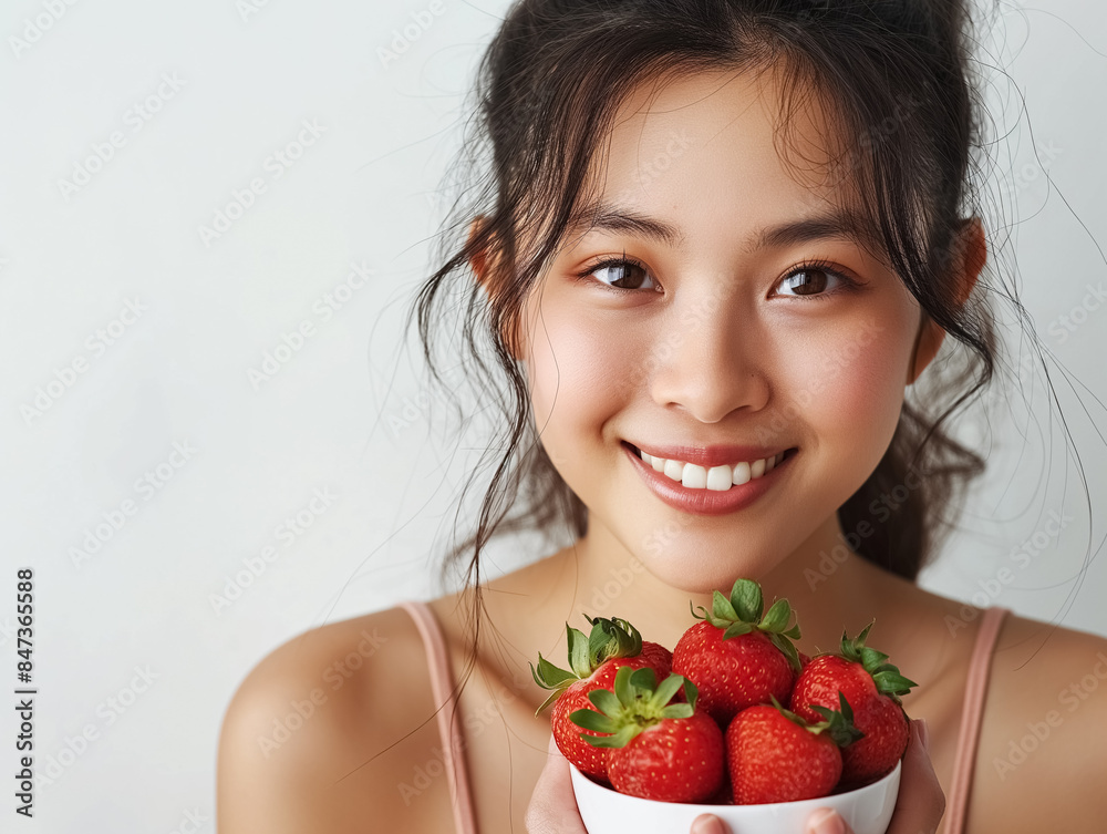 Smiling Woman Holding a Bowl of Fresh Strawberries Smiling Woman Holding a Bowl of Fresh Strawberries