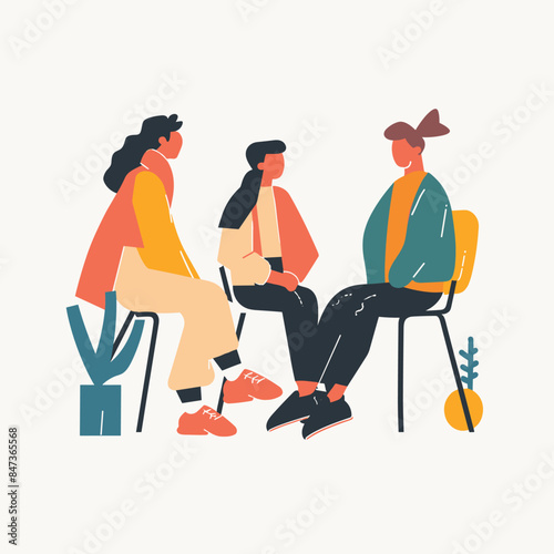 Three young adults sitting chatting casual clothes. Friends conversation modern minimalistic style artwork. Contemporary people sitting interior plant vector illustration