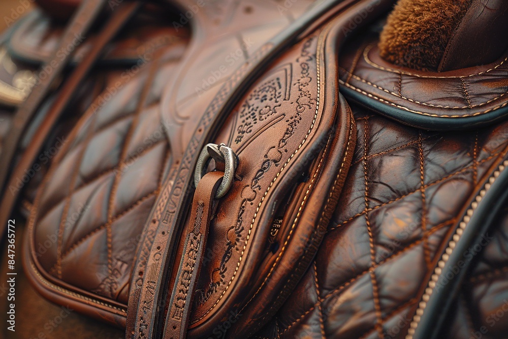 This professional photo focuses on the details of a horse saddle stirrup, capturing the polished brass hardware and stitching. The image highlights the craftsmanship This professional photo focuses on the details of a horse saddle stirrup, capturing the polished brass hardware and stitching. The image highlights the craftsmanship