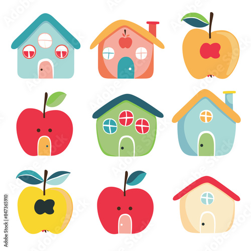 Nine colorful graphic images combining elements apples houses. Stylized apple shapes merged house features such windows, doors, chimneys. Bright primary colors, cute, simple, playful designs photo