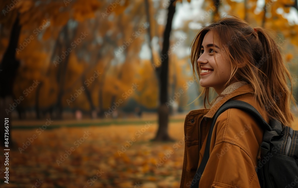 charming girl, student with a backpack against the backdrop of an autumn forest. space for text charming girl, student with a backpack against the backdrop of an autumn forest. space for text