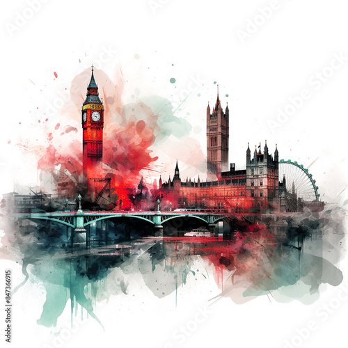 This minimalist London cityscape in watercolor effect is perfect for enhancing your artistic prints, travel promotions, and modern decor projects with soft, flowing watercolor strokes