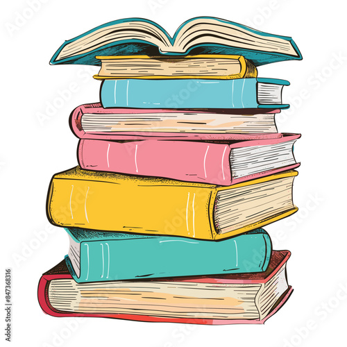 Stack colorful books handdrawn illustration. Artistic representation literature piled up. Open book top symbolizing education knowledge