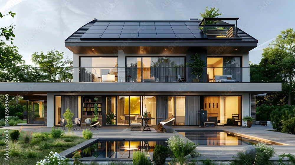 Fototapeta premium Solar Cell Installation on a Modern European Home by Skilled Engineers