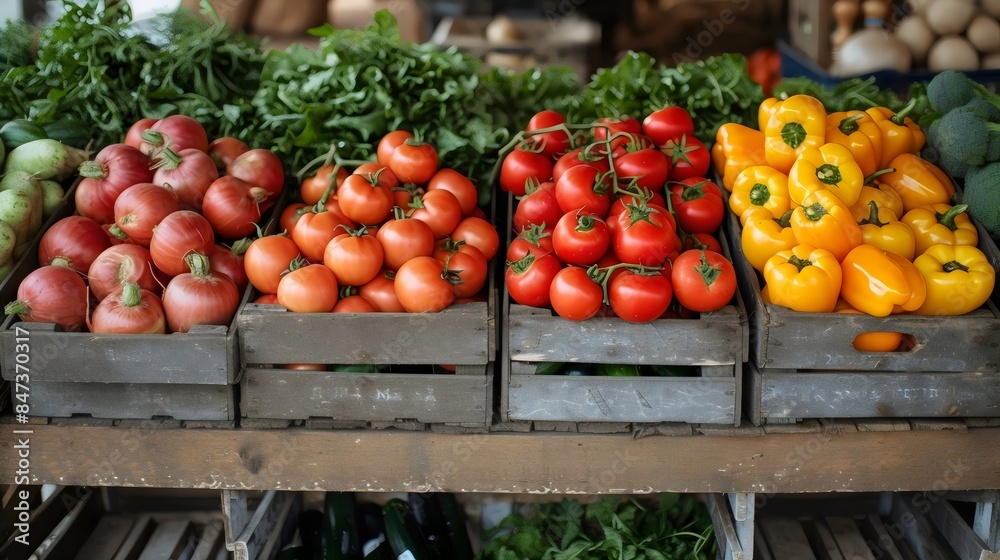 A variety of vegetables are displayed on a wooden table, including tomatoes A variety of vegetables are displayed on a wooden table, including tomatoes