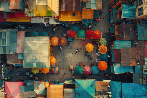 Aerial View of Colorful Market Stalls in Latin America