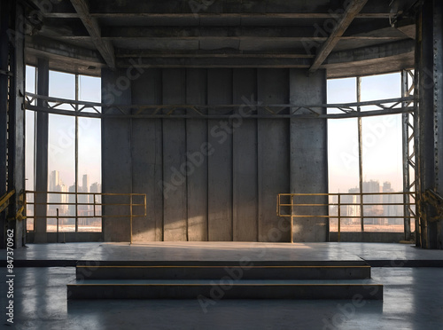 A bright daylight podium image of empty indoor space located on high floor which under construction surrounded by steel and concrete structures. photo