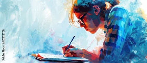 Artistic portrayal of a young woman deeply engaged in writing, with vibrant colors expressing creativity and concentration.