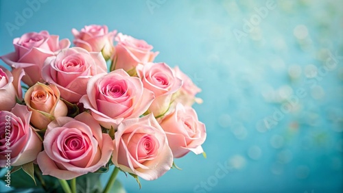 Delicate pink rose bouquet blooms elegantly against a serene blue background, perfect for valentine's day, mother's day, and women's day celebrations.