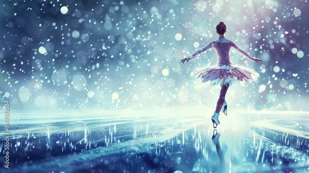 Magical scene of a graceful ballerina dancing on an ice rink with sparkling lights and snowy ambiance creating a winter wonderland atmosphere. Magical scene of a graceful ballerina dancing on an ice rink with sparkling lights and snowy ambiance creating a winter wonderland atmosphere.