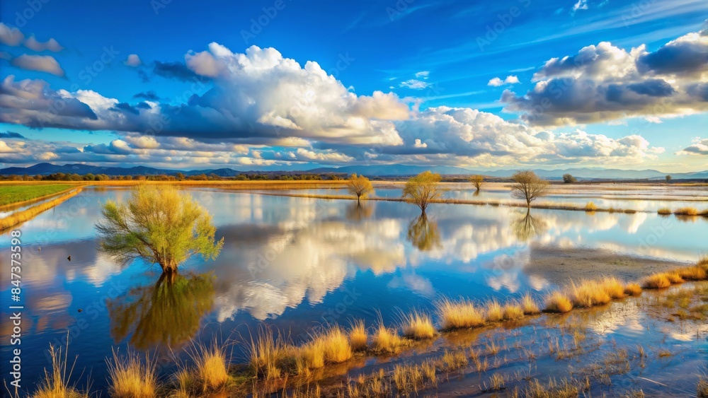 Obraz premium Serenity prevails in this tranquil rural landscape of ebro delta, tarragona, catalonia, spain, featuring a flooded field under a brilliant blue sky with majestic clouds.