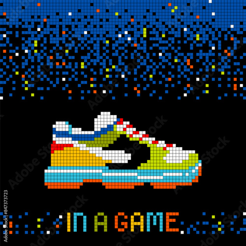 Cool  illustration with colorful sneakers for boy. Retro vintage background in pixel art design. 90s game style