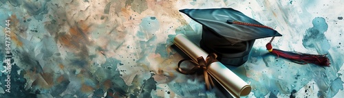 Graduation cap and diploma on a textured background, symbolizing academic achievement and the journey of education completion.