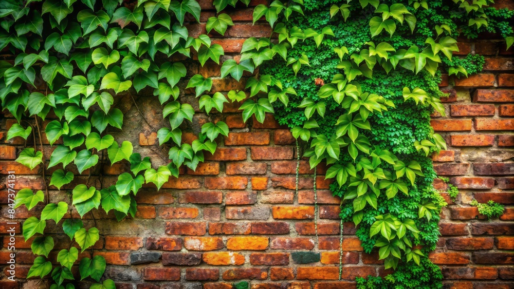 Vibrant green ivy leaves crawl up rustic, weathered brick wall, entwining ancient texture with lush, verdant foliage, natural elegance. Vibrant green ivy leaves crawl up rustic, weathered brick wall, entwining ancient texture with lush, verdant foliage, natural elegance.